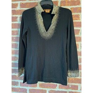 Tory Burch black embellished sweater with gold‎ & black rhinestones size small